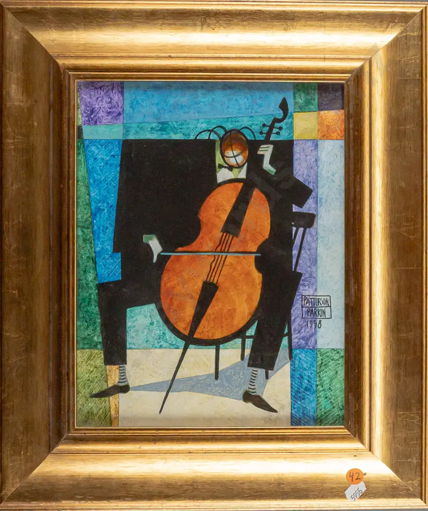 Patterson Parkin -- acrylic on board in wide gilt frame, cello player, 1998 H-265 W-205 [some wear to bottom of frame] Image 1++
