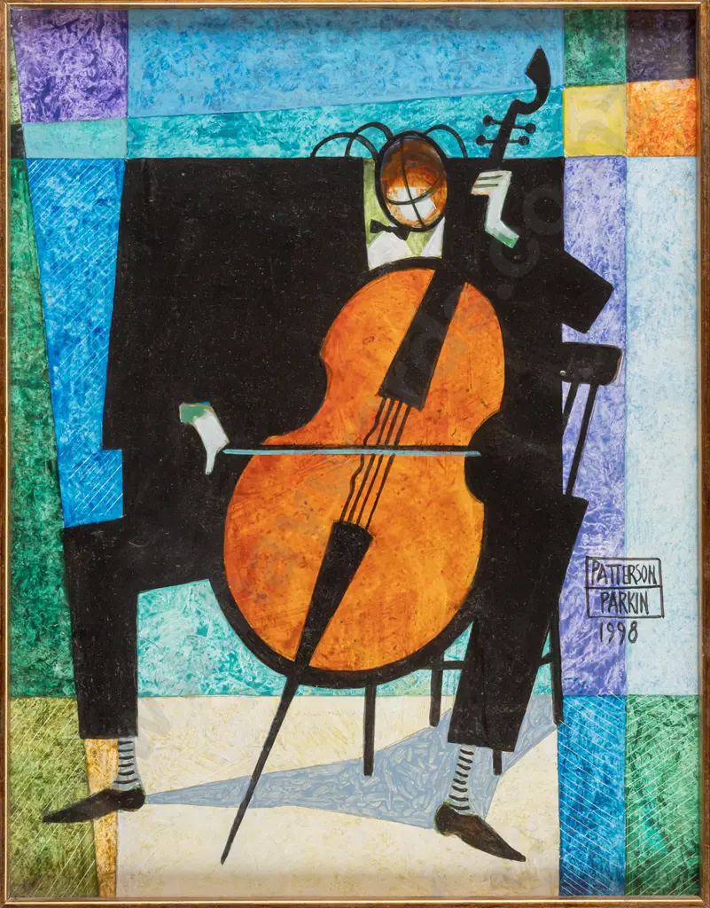 Patterson Parkin -- acrylic on board in wide gilt frame, cello player, 1998 H-265 W-205 [some wear to bottom of frame] Image 1++