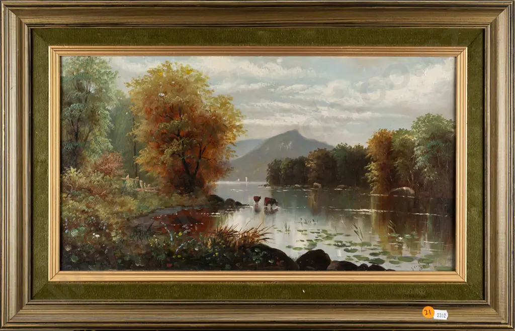 framed oil on canvas - cattle by river H240 W440 Image 1++