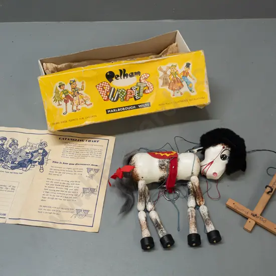 vintage Pelham marionette horse puppet in original box - damage to box, strings need untangling and attaching