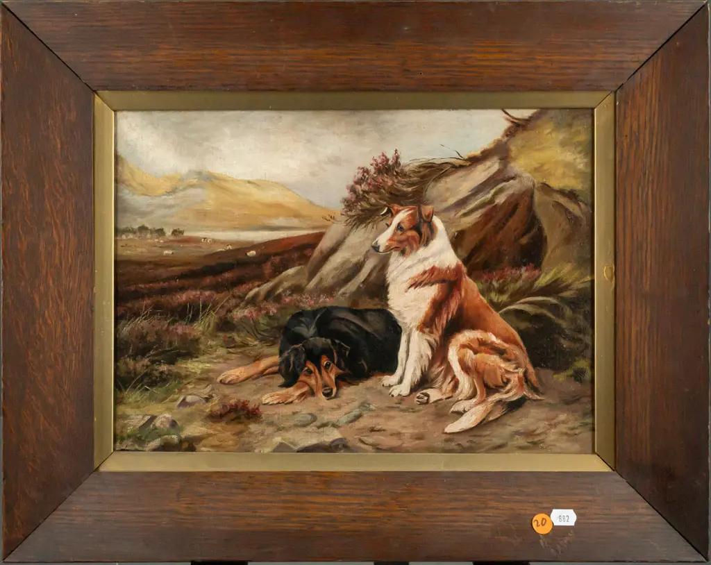 framed oil on canvas - dogs and pastural scene H245 W340 Image 1++