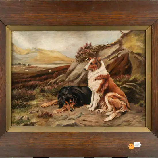 framed oil on canvas - dogs and pastural scene H245 W340
