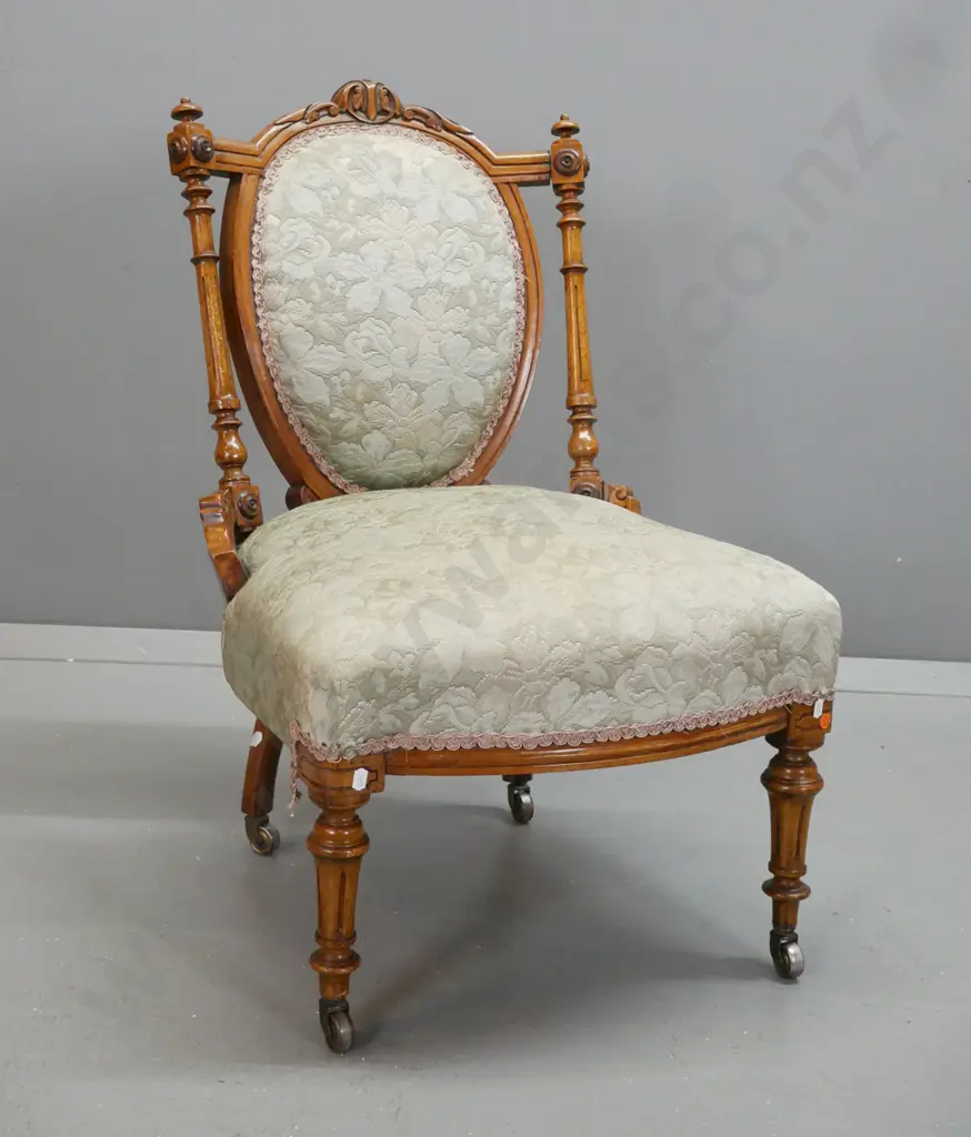 Victorian walnut bedroom chair with medallion shaped back, turned fluted supports, floral upholstered seat and back, on Image 1++