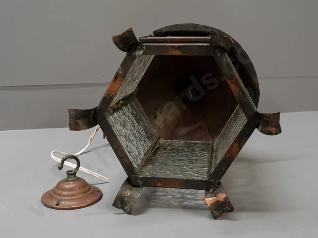 arts & crafts style copper hexagonal hanging lantern light fitting with textured glass panels, one hinged, bayonet bulb Image 1++