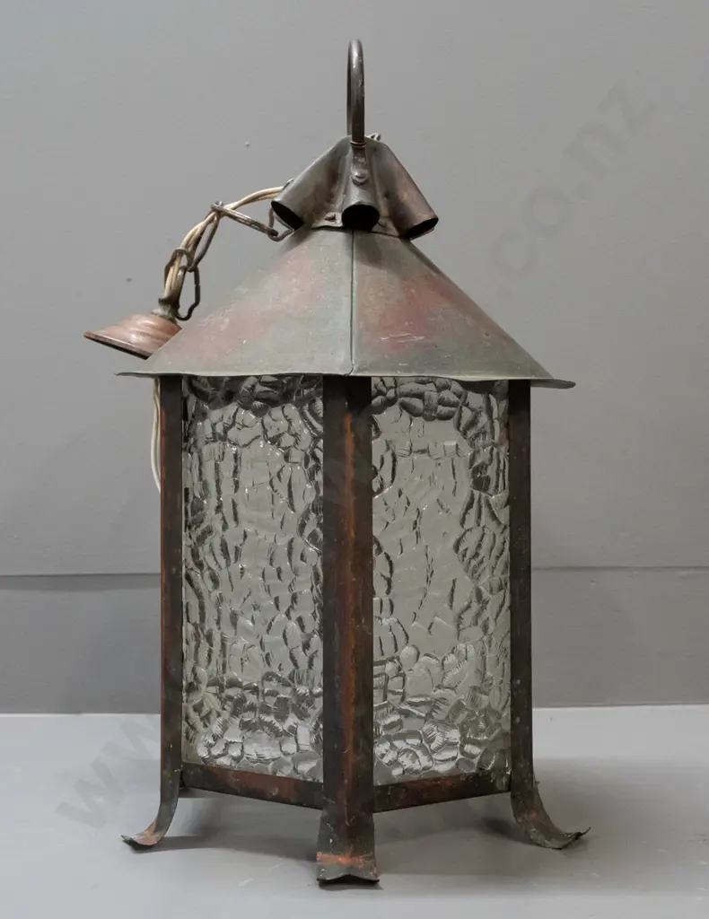arts & crafts style copper hexagonal hanging lantern light fitting with textured glass panels, one hinged, bayonet bulb Image 1++