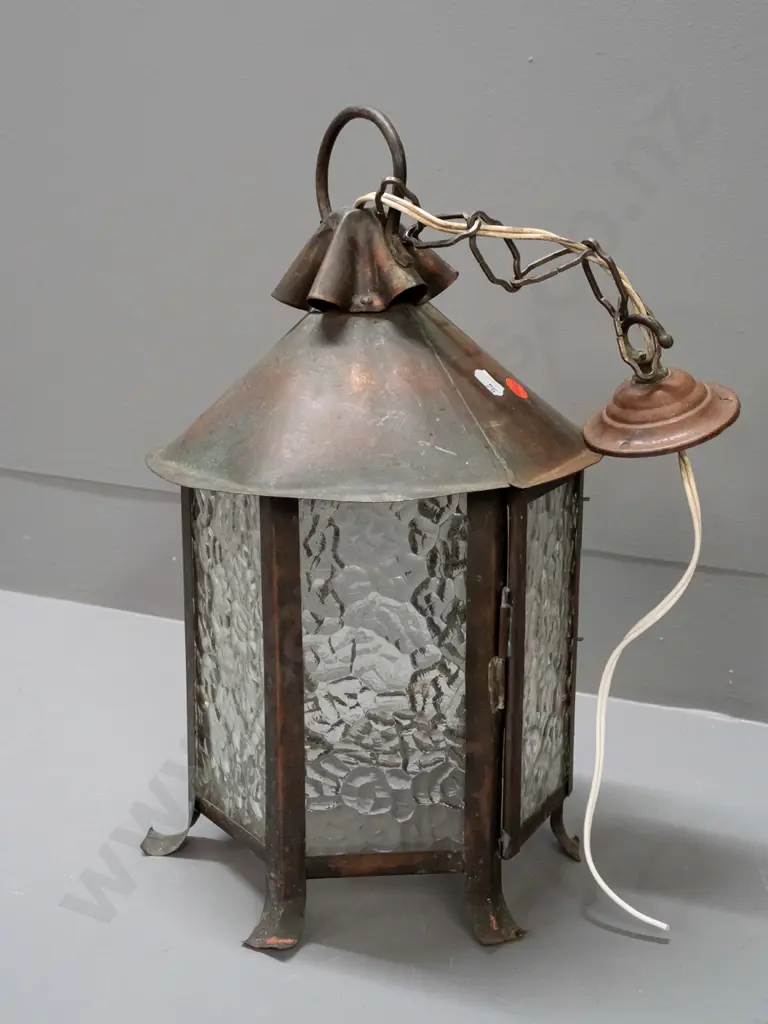 arts & crafts style copper hexagonal hanging lantern light fitting with textured glass panels, one hinged, bayonet bulb Image 1++