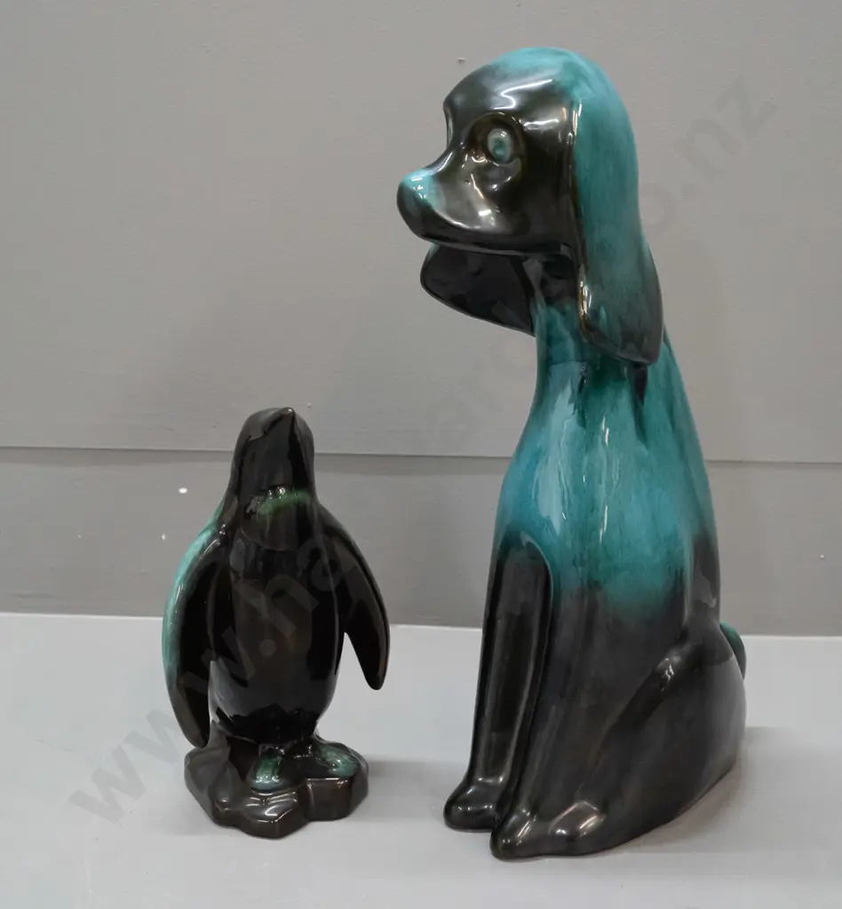 2 Blue Mountain pottery figurines - penguin H-200 and tall sitting dog H-350 Image 1++