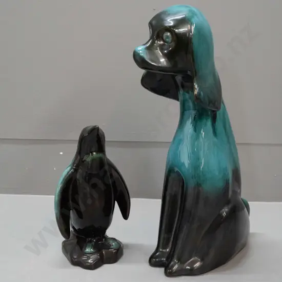 2 Blue Mountain pottery figurines - penguin H-200 and tall sitting dog H-350