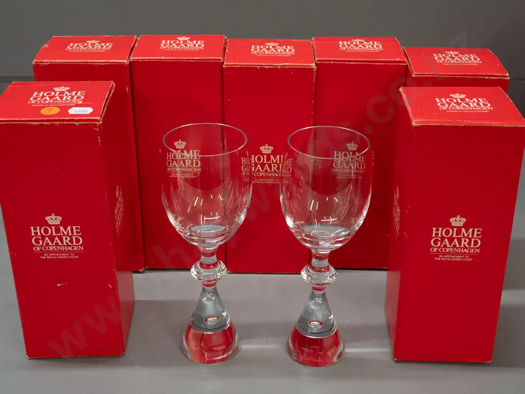 7 Holmegaard Copenhagen "Prince" pattern heavy tapered bubble base red wine / claret glasses H-200, one with slight Image 1++