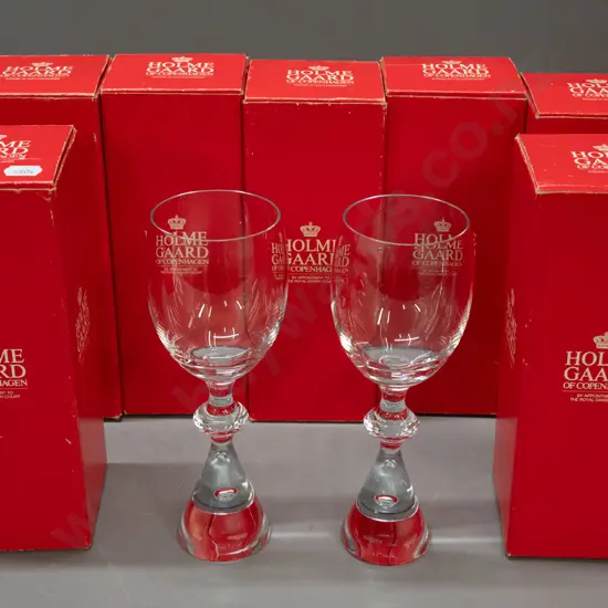 7 Holmegaard Copenhagen "Prince" pattern heavy tapered bubble base red wine / claret glasses H-200, one with slight