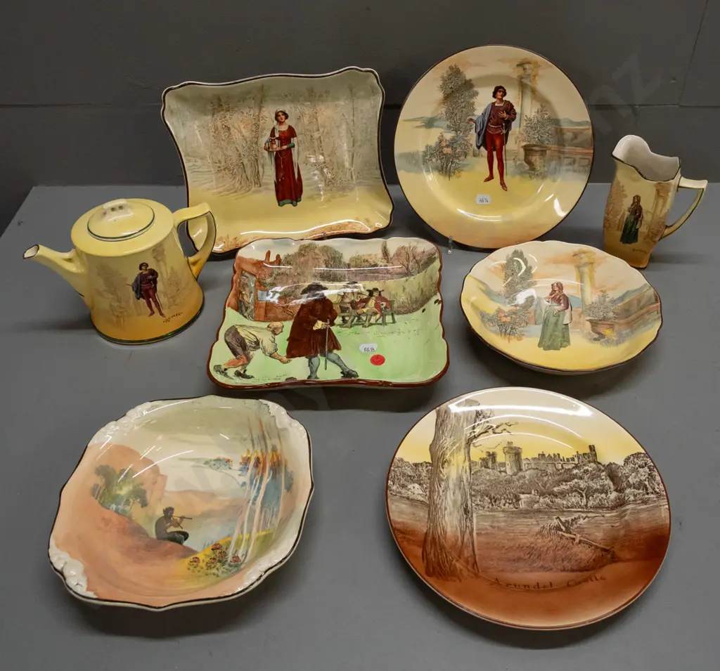 8 pieces Royal Doulton assorted series ware: Pan playing pipes dish, Shakespeare's Romeo & Juliet, Ann Page and Roger de Image 1++