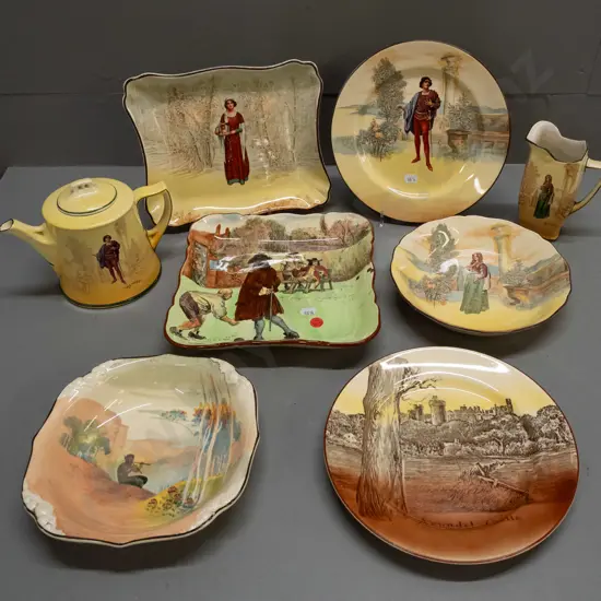 8 pieces Royal Doulton assorted series ware: Pan playing pipes dish, Shakespeare's Romeo & Juliet, Ann Page and Roger de