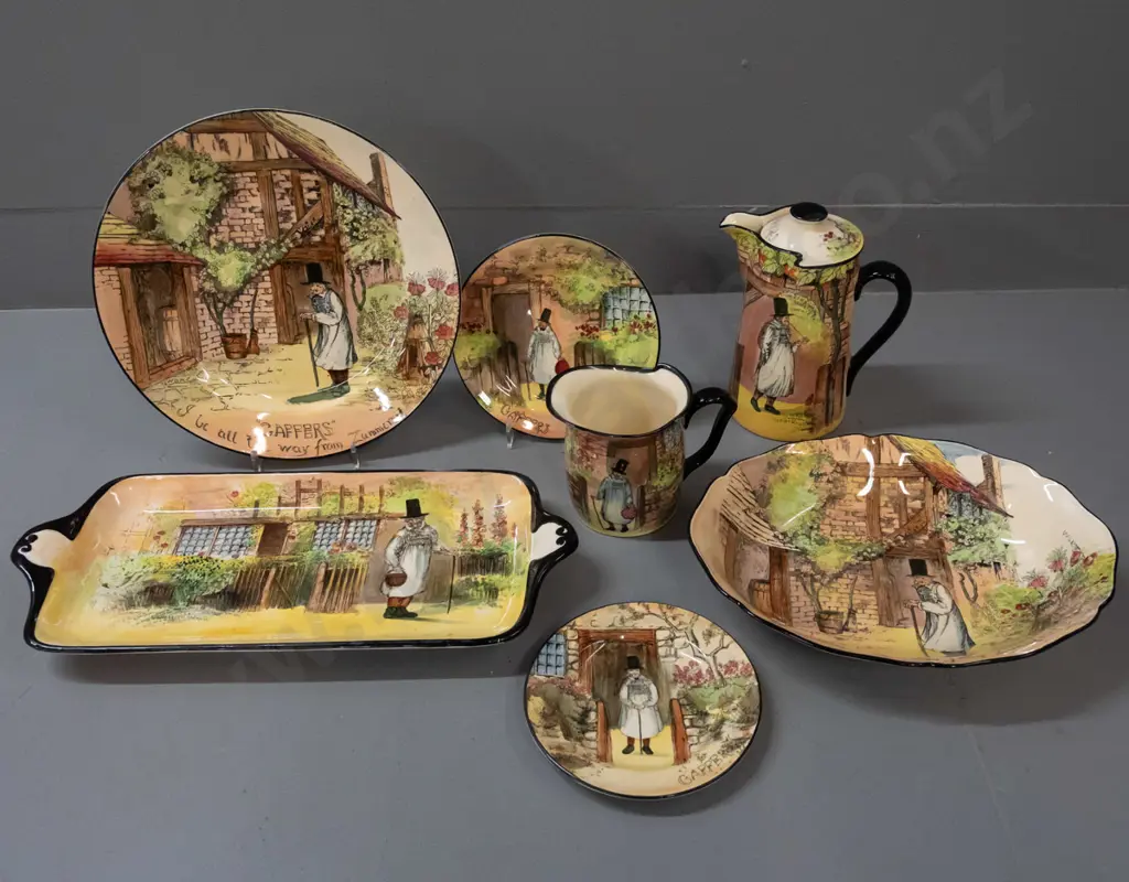 7 pieces Royal Doulton Gaffers ware: 3 plates, 2 jugs, one lidded H-190, sandwich tray L-370 and an oval dish. Image 1++