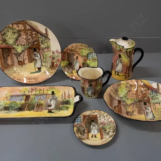 7 pieces Royal Doulton Gaffers ware: 3 plates, 2 jugs, one lidded H-190, sandwich tray L-370 and an oval dish.