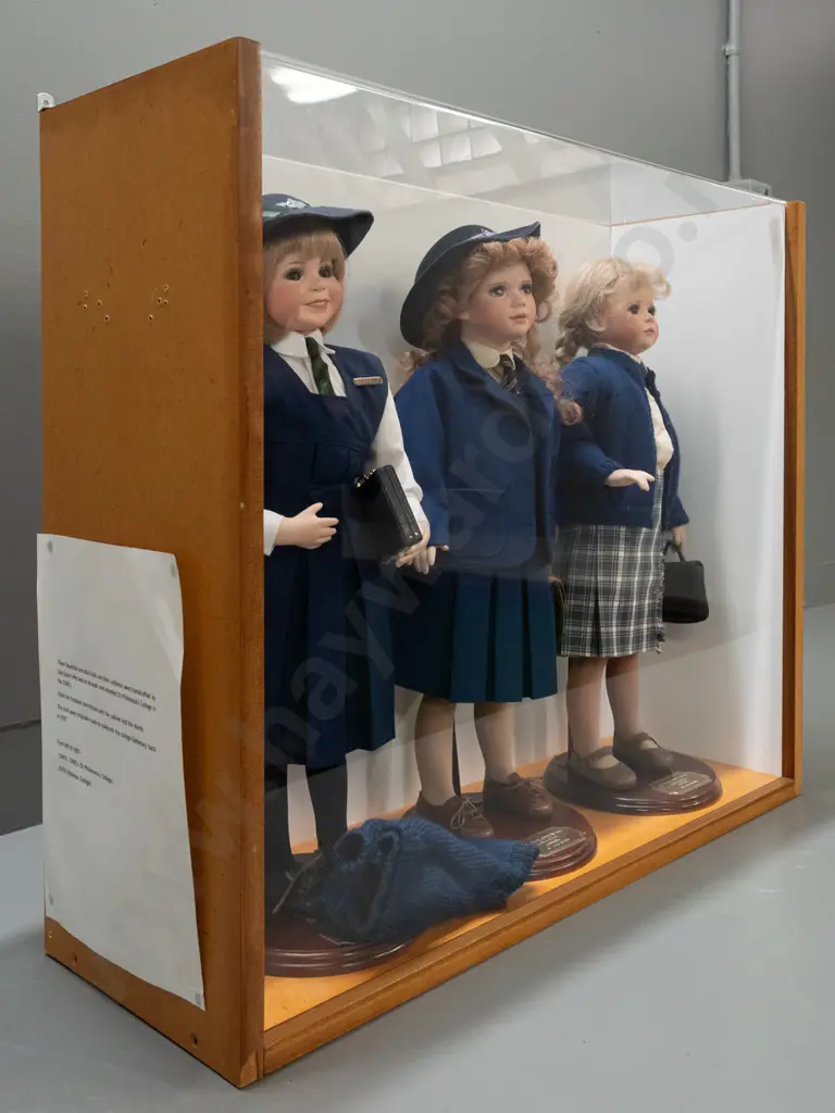 3 display dolls in perspex and mdf display case - dolls made by Lois Quinn with uniforms of Philomena's and Moreau Image 1++