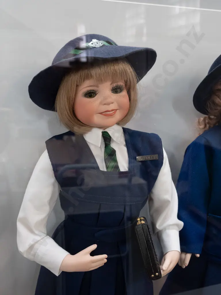3 display dolls in perspex and mdf display case - dolls made by Lois Quinn with uniforms of Philomena's and Moreau Image 1++