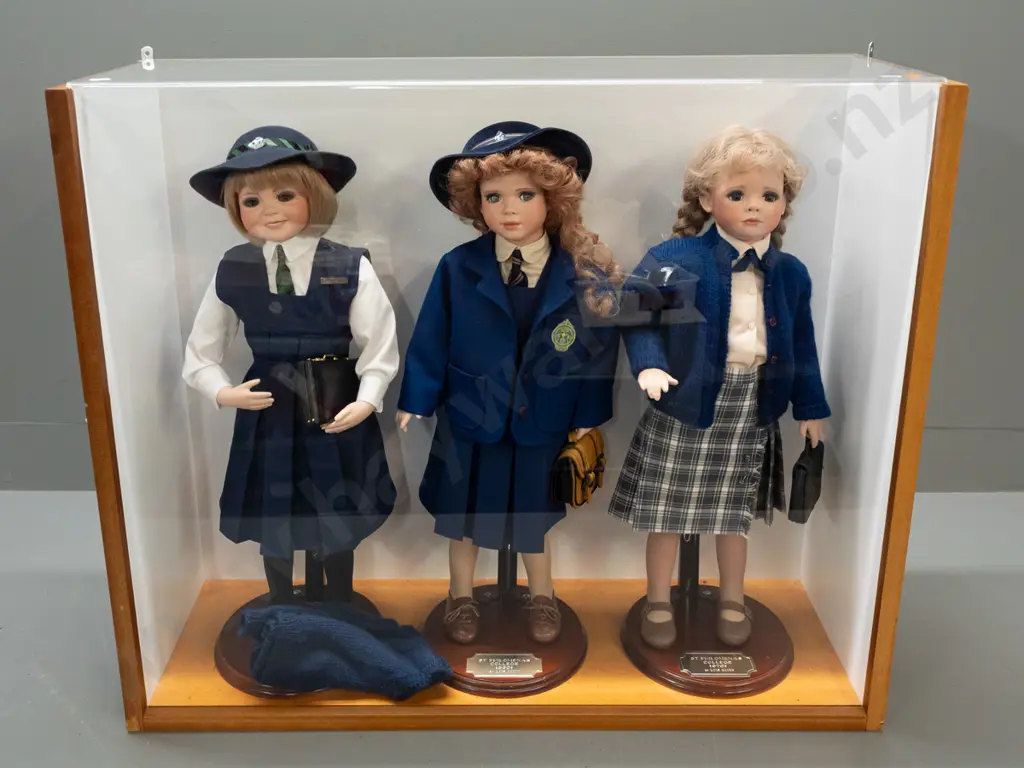 3 display dolls in perspex and mdf display case - dolls made by Lois Quinn with uniforms of Philomena's and Moreau Image 1++