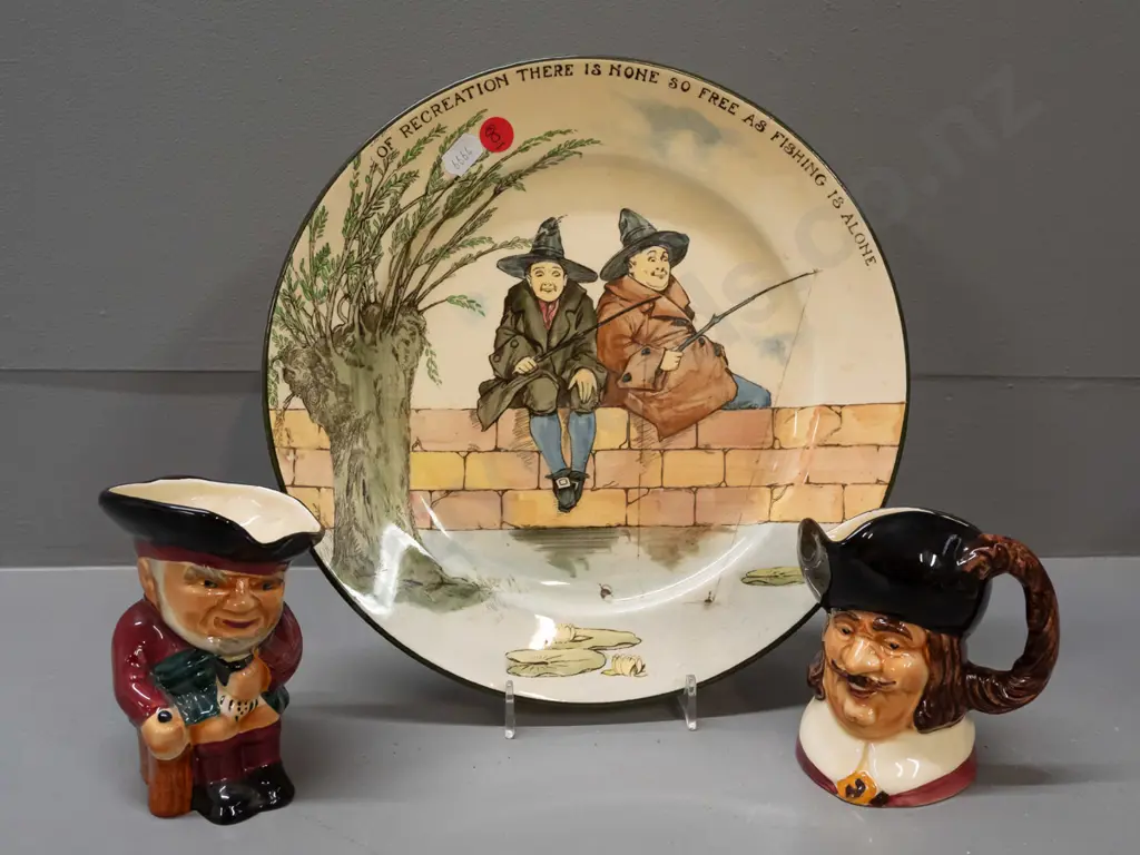 Royal Doulton Gallant Fishers cabinet plate and 2 Shorter & Sons character jugs - Cavalier and Scottie. Crazing and Image 1++