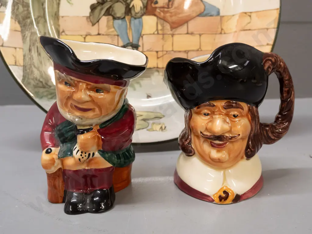 Royal Doulton Gallant Fishers cabinet plate and 2 Shorter & Sons character jugs - Cavalier and Scottie. Crazing and Image 1++