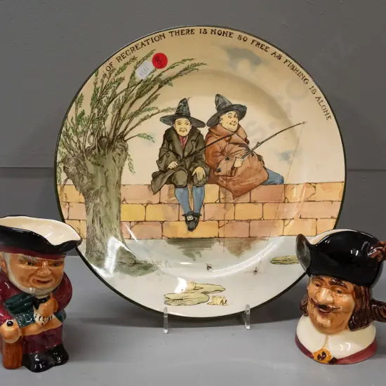 Royal Doulton Gallant Fishers cabinet plate and 2 Shorter & Sons character jugs - Cavalier and Scottie. Crazing and