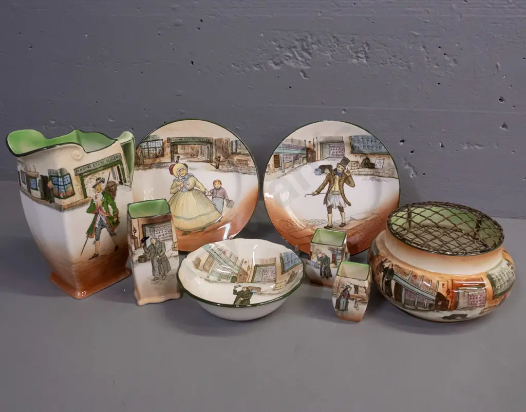 8 pieces Royal Doulton Dickens Ware - rose bowl and 3 other vases, bowl, large jug & 2 side plates - Barnaby Rudge, Mrs. Image 1++