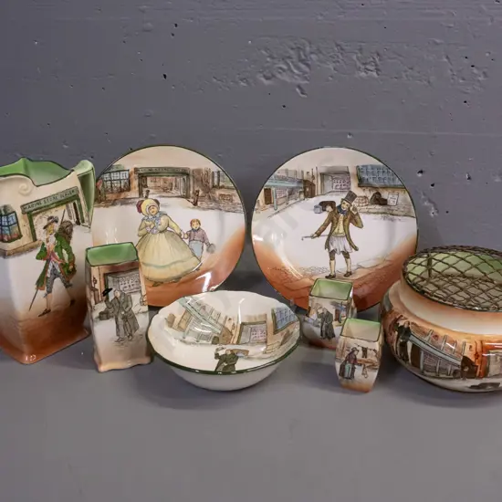 8 pieces Royal Doulton Dickens Ware - rose bowl and 3 other vases, bowl, large jug & 2 side plates - Barnaby Rudge, Mrs.