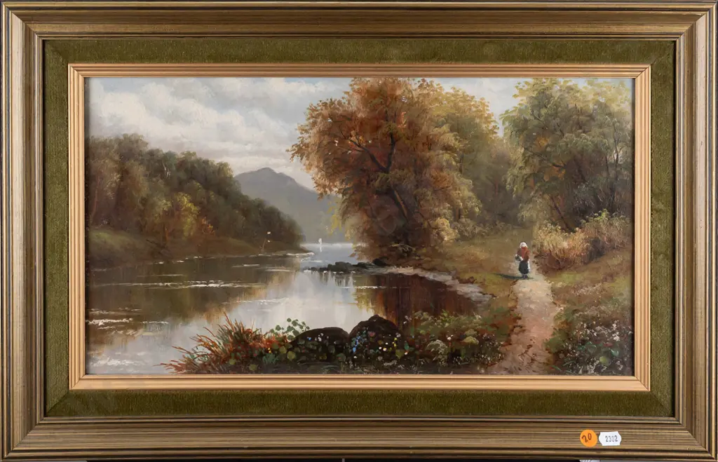 framed oil on canvas - woman walking on track by river H240 W440 Image 1++