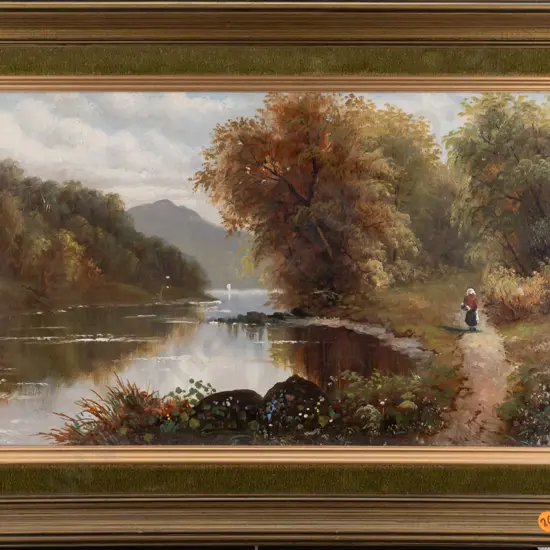 framed oil on canvas - woman walking on track by river H240 W440