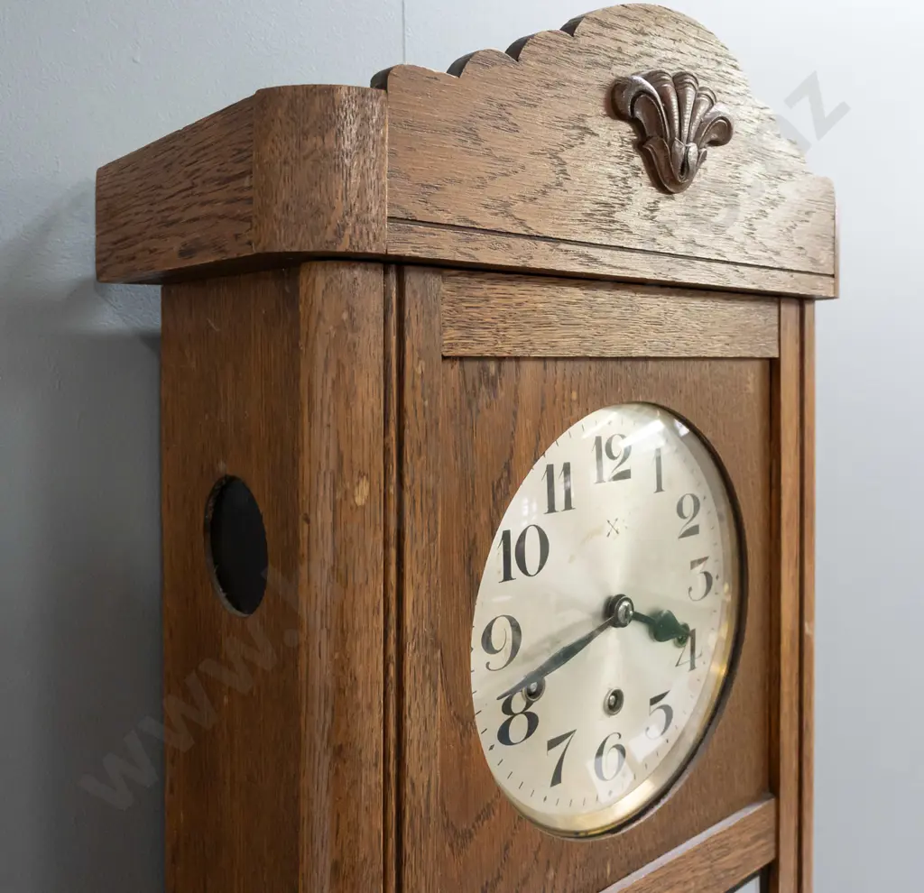 deco style vintage oak cased wall clock with bevelled glass panels in door, silvered dial, HAC German movement, Image 1++