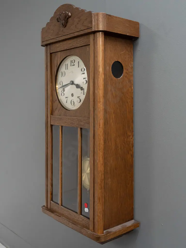 deco style vintage oak cased wall clock with bevelled glass panels in door, silvered dial, HAC German movement, Image 1++