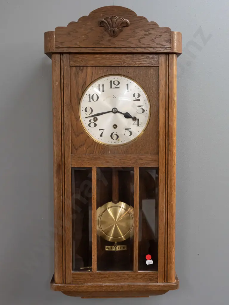 deco style vintage oak cased wall clock with bevelled glass panels in door, silvered dial, HAC German movement, Image 1++