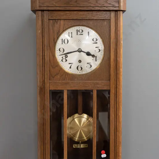 deco style vintage oak cased wall clock with bevelled glass panels in door, silvered dial, HAC German movement,