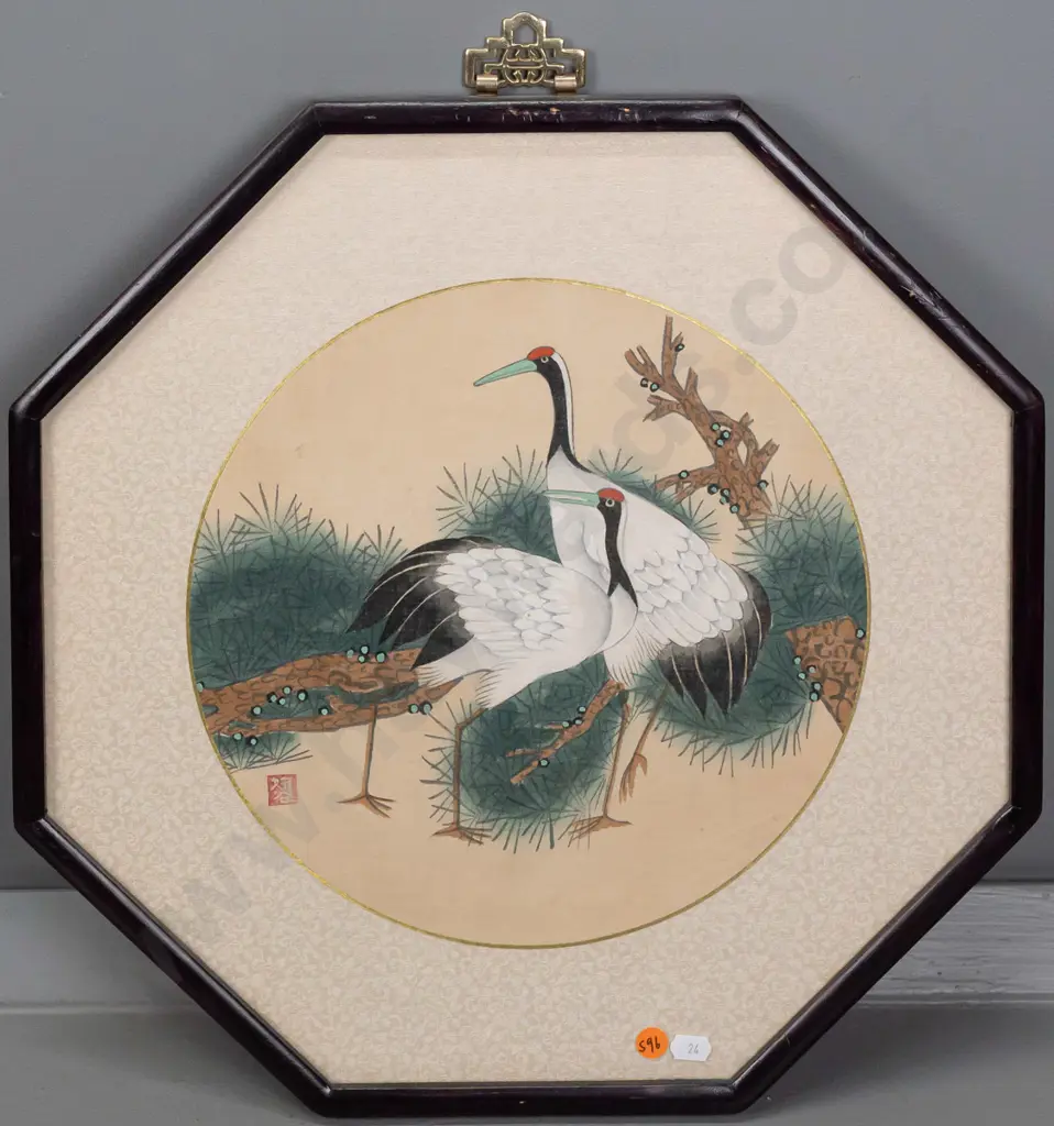 Octagonally framed Asian painting on silk, cranes H-420 W-420 Image 1++