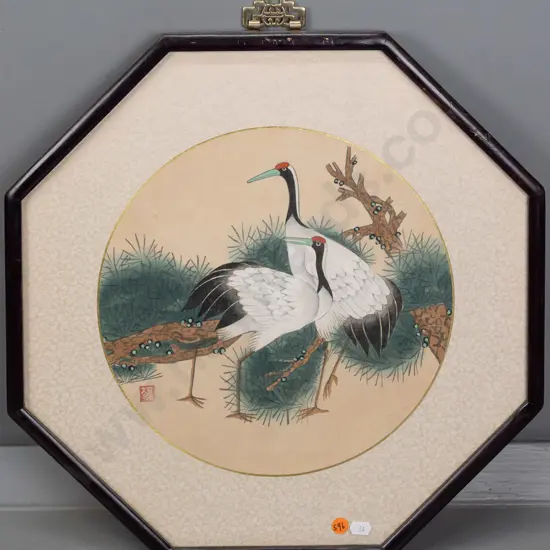 Octagonally framed Asian painting on silk, cranes H-420 W-420