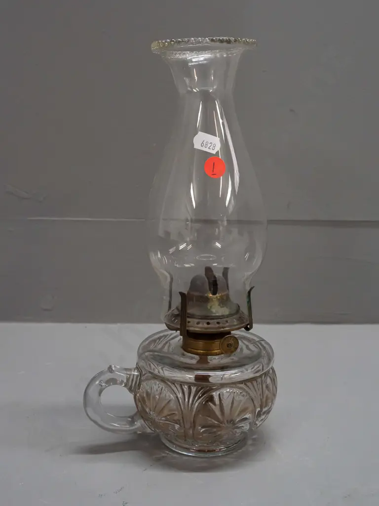 vintage small kerosene lantern with clear glass base & beaded chimney, adjustment knob marked Miller & Co. USA H-285 Image 1++