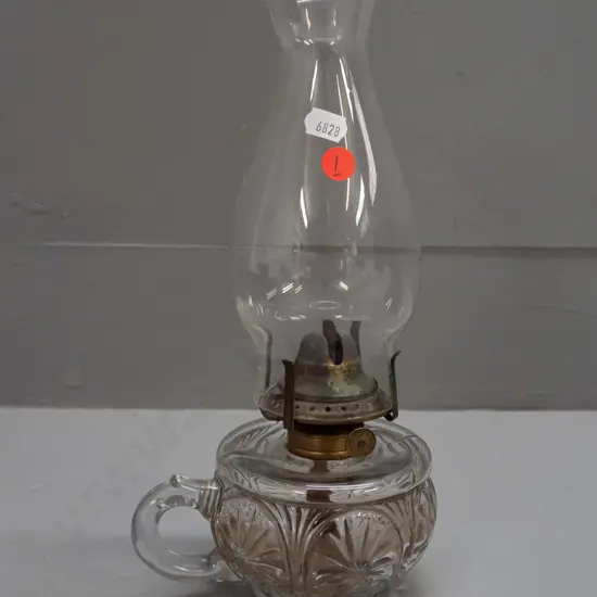 vintage small kerosene lantern with clear glass base & beaded chimney, adjustment knob marked Miller & Co. USA H-285