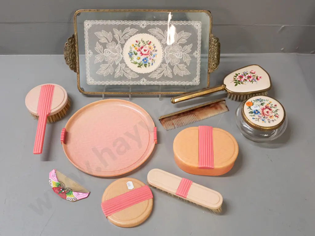 retro dressing table ware - deco pink plastic tray, brushes, oval lidded canister, lid for missing powder pot, plus Image 1++