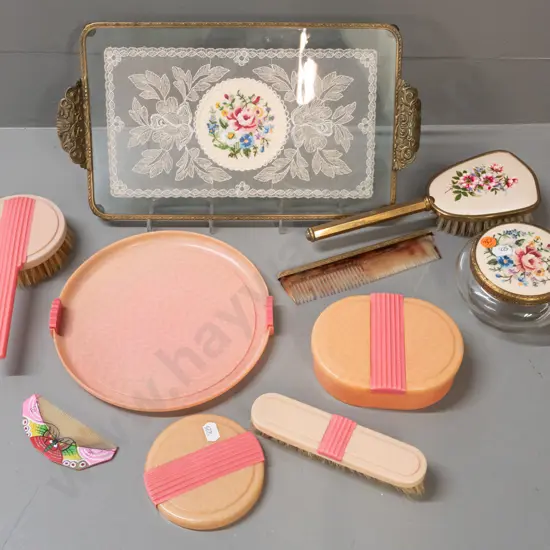 retro dressing table ware - deco pink plastic tray, brushes, oval lidded canister, lid for missing powder pot, plus