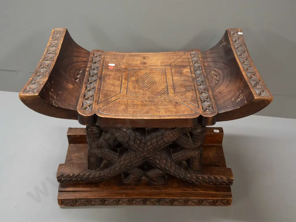 carved timber ceremonial seat with geometric and crocodile motifs - Ashanti tribe, Ghana - splits and repairs, glue Image 1++