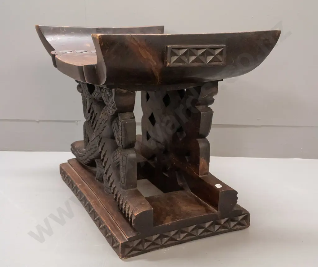 carved timber ceremonial seat with geometric and crocodile motifs - Ashanti tribe, Ghana - splits and repairs, glue Image 1++