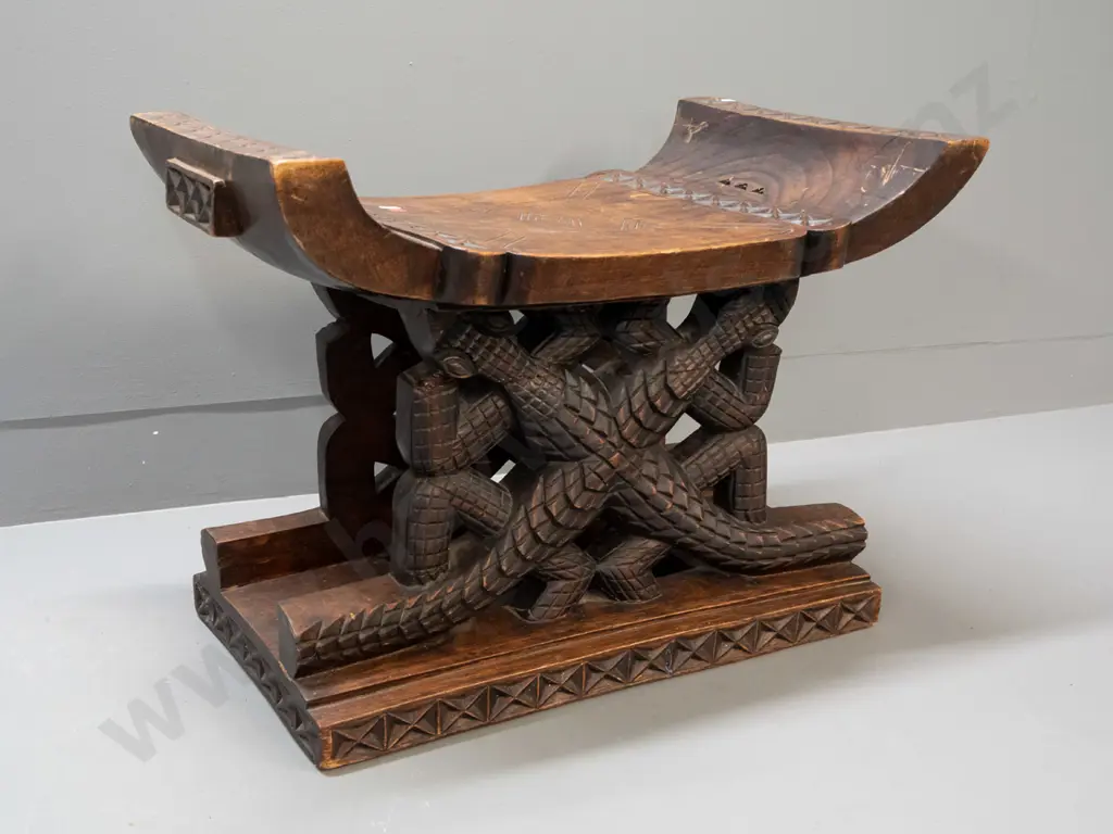 carved timber ceremonial seat with geometric and crocodile motifs - Ashanti tribe, Ghana - splits and repairs, glue Image 1++