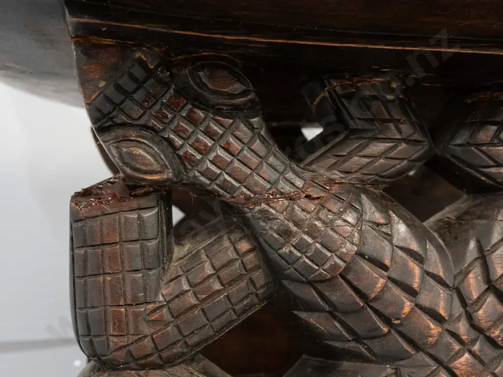 carved timber ceremonial seat with geometric and crocodile motifs - Ashanti tribe, Ghana - splits and repairs, glue Image 1++