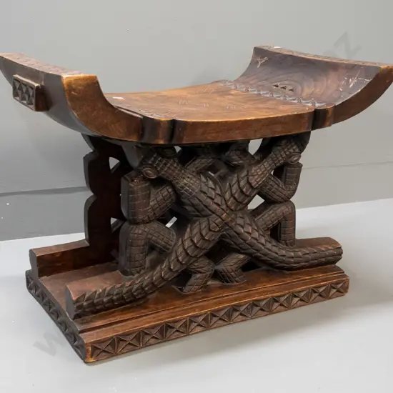 carved timber ceremonial seat with geometric and crocodile motifs - Ashanti tribe, Ghana - splits and repairs, glue