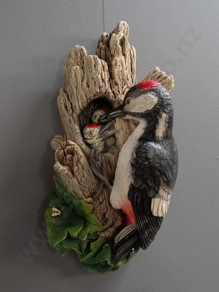 Bosson's composite wall hanging woodpecker with chicks in tree trunk nest H-380 W-150 Image 1++