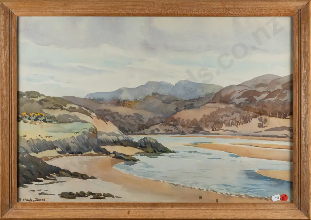 R. Hugh Jones - wood-framed watercolour - coastal scene H-365 W-540 Image 1++