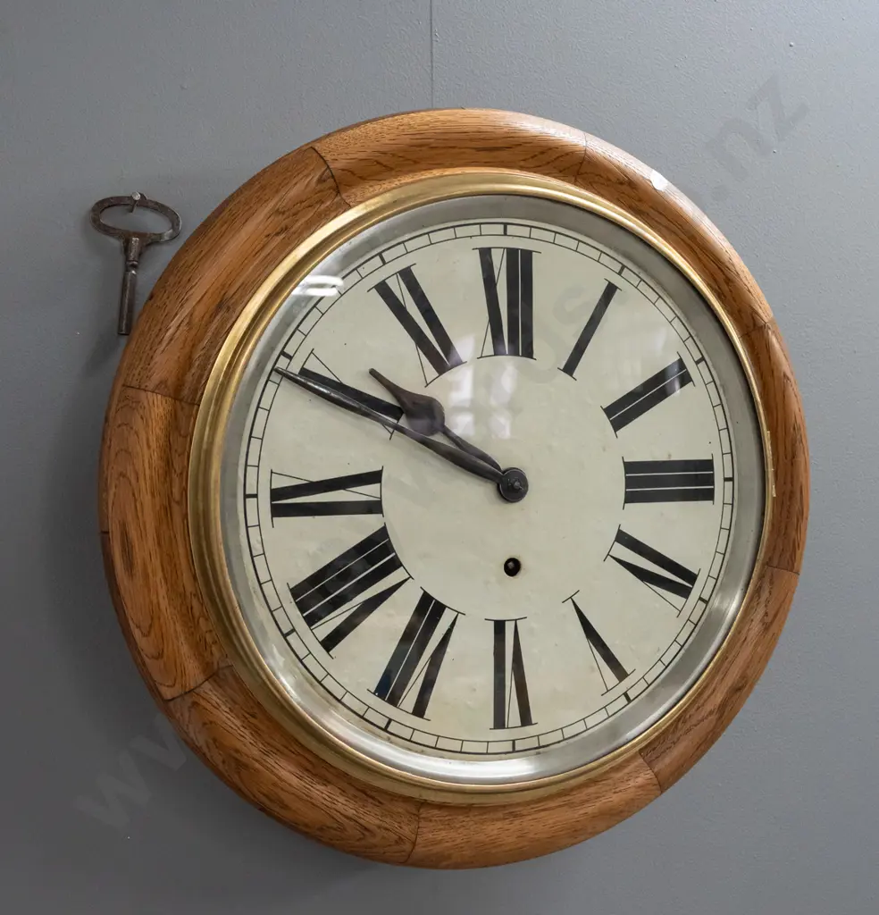 1920s vintage oak-cased Ansonia school clock with brass bezel, with key, going well - has some filled borer holes and Image 1++