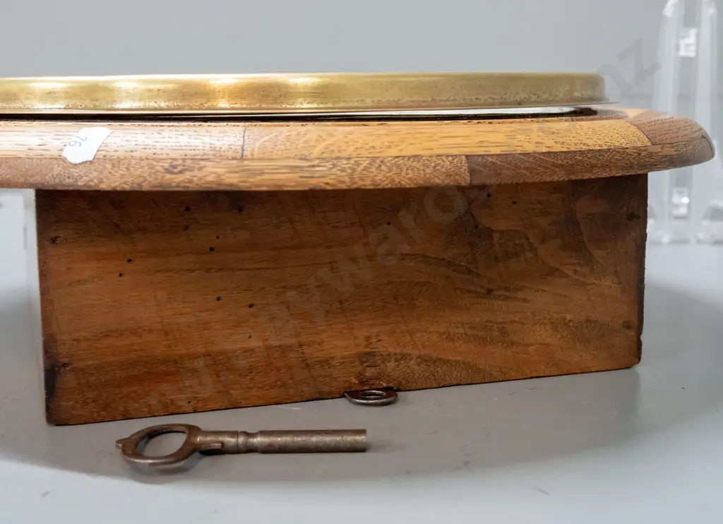 1920s vintage oak-cased Ansonia school clock with brass bezel, with key, going well - has some filled borer holes and Image 1++