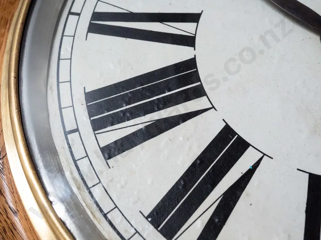 1920s vintage oak-cased Ansonia school clock with brass bezel, with key, going well - has some filled borer holes and Image 1++