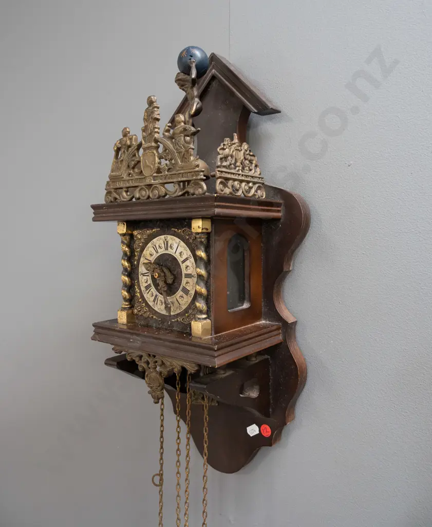 reproduction Dutch wall clock with cast metal pendulum and ornaments, pear-shaped weights, atlas figure & cast motto Image 1++