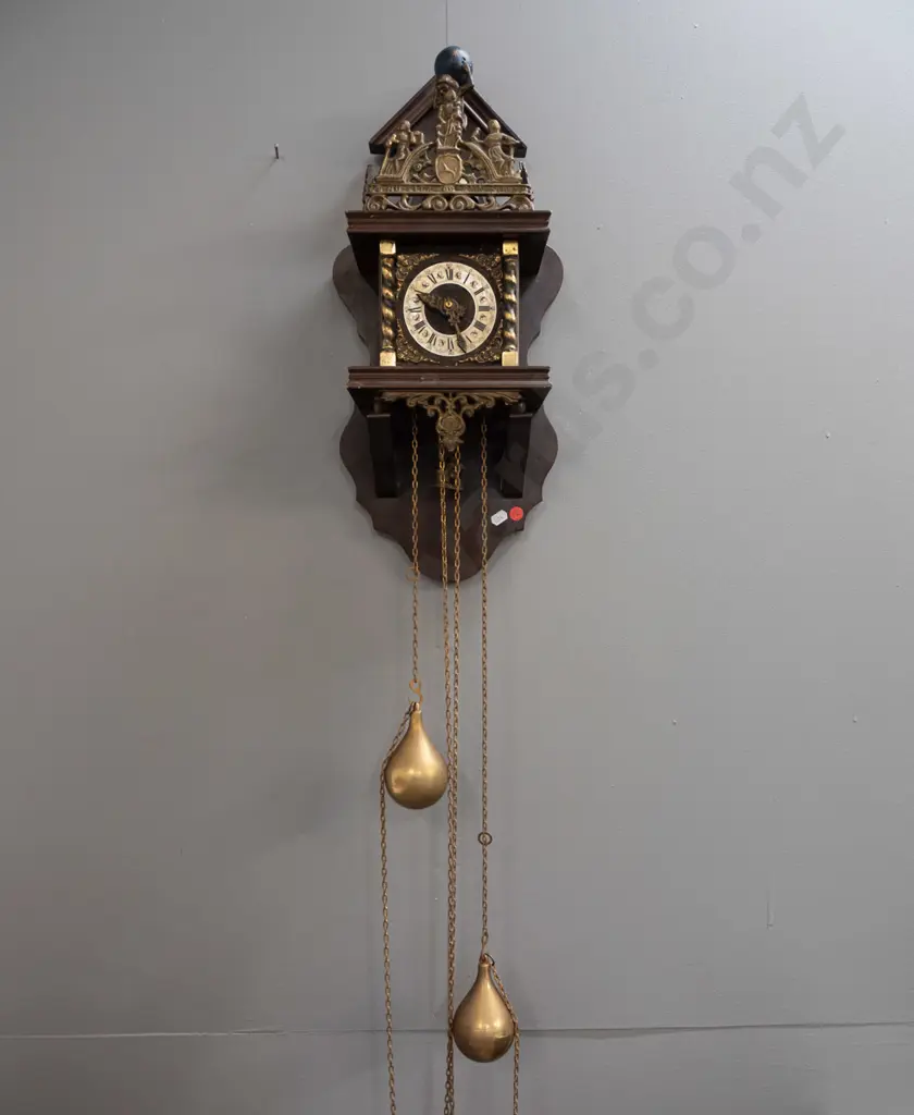 reproduction Dutch wall clock with cast metal pendulum and ornaments, pear-shaped weights, atlas figure & cast motto Image 1++